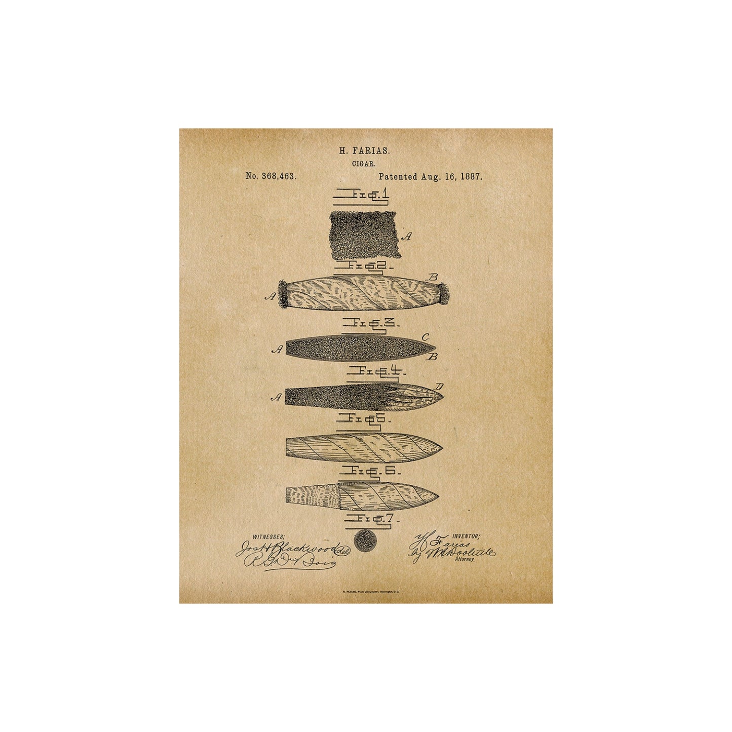 Original 1887 US Patent Office drawing for a cigar, showcasing detailed artwork and technical illustrations submitted for patent approval.