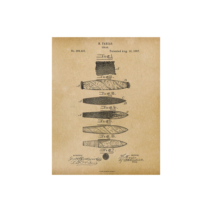Original 1887 US Patent Office drawing for a cigar, showcasing detailed artwork and technical illustrations submitted for patent approval.