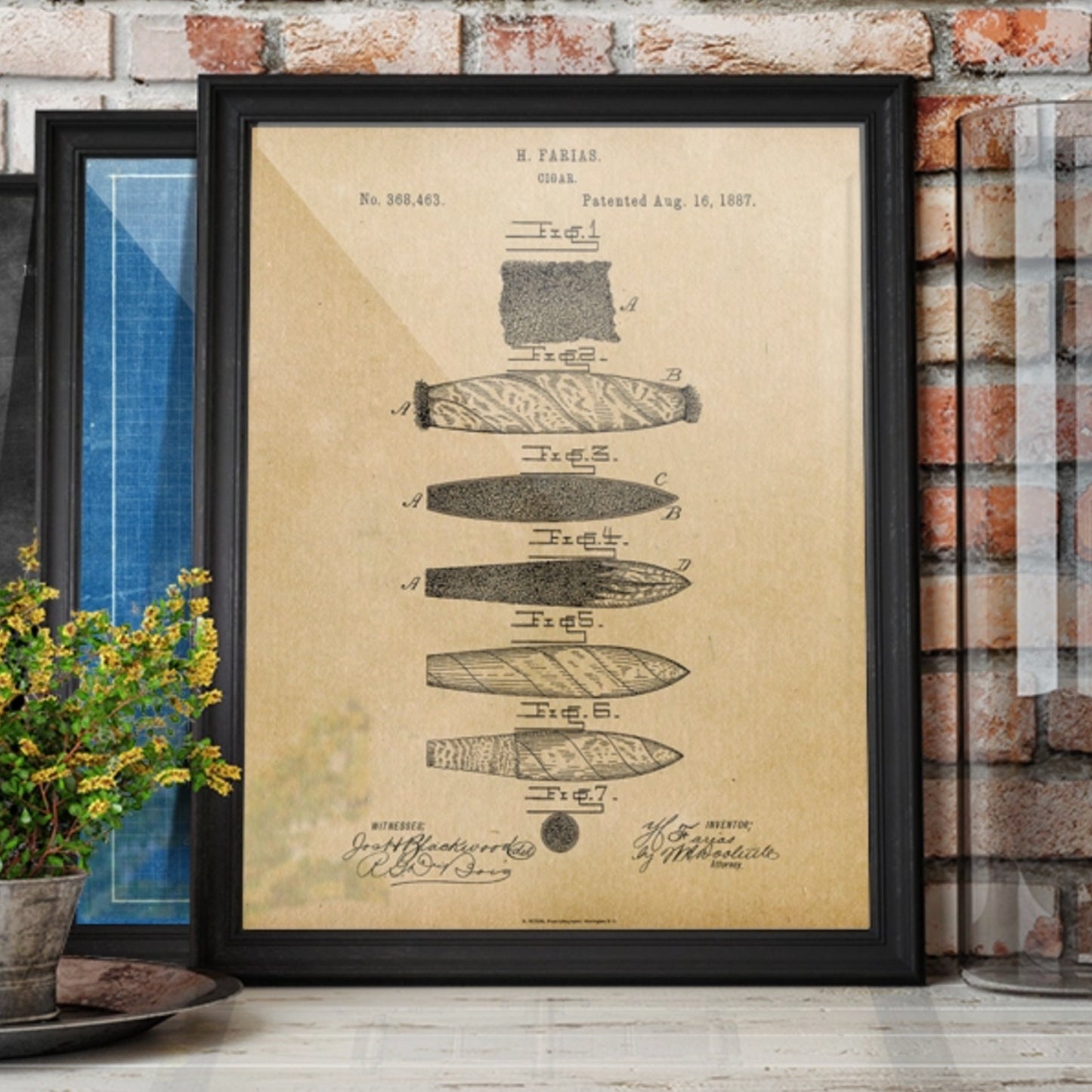 Original 1887 US Patent Office drawing for a cigar, showcasing detailed artwork and technical illustrations submitted for patent approval.