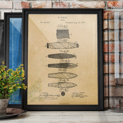 Original 1887 US Patent Office drawing for a cigar, showcasing detailed artwork and technical illustrations submitted for patent approval.
