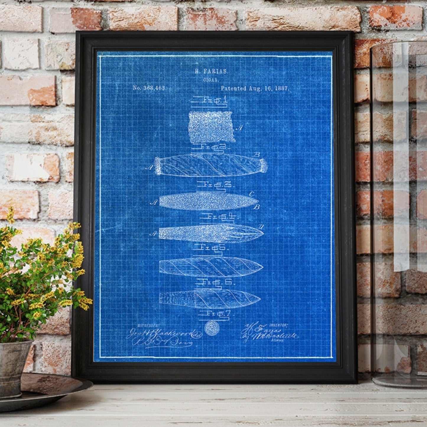 Original 1887 US Patent Office drawing for a cigar, showcasing detailed artwork and technical illustrations submitted for patent approval.