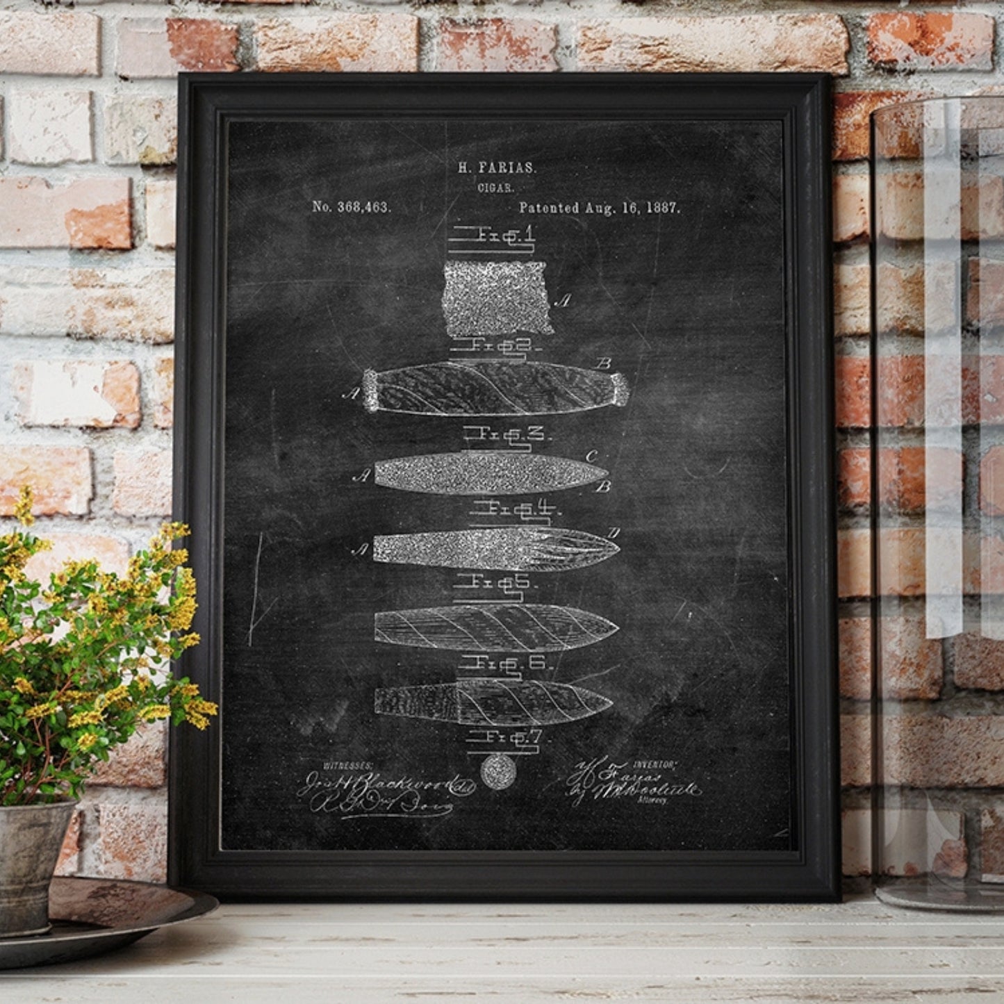 Original 1887 US Patent Office drawing for a cigar, showcasing detailed artwork and technical illustrations submitted for patent approval.