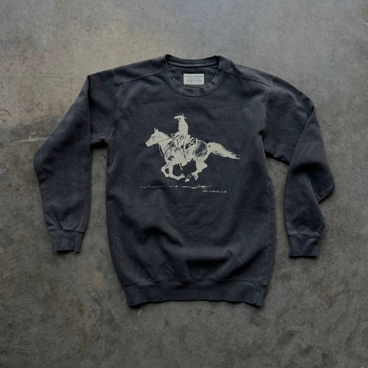 Pointer and Pine charcoal crewneck sweatshirt featuring a cowboy riding a horse, designed for comfort and western-inspired style.