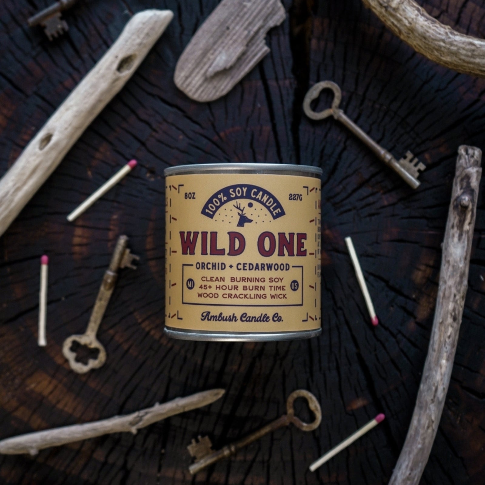100% eco-friendly, vegan, and recyclable rugged candle with citrus, floral, musk and wood scents, featuring sustainable packaging.