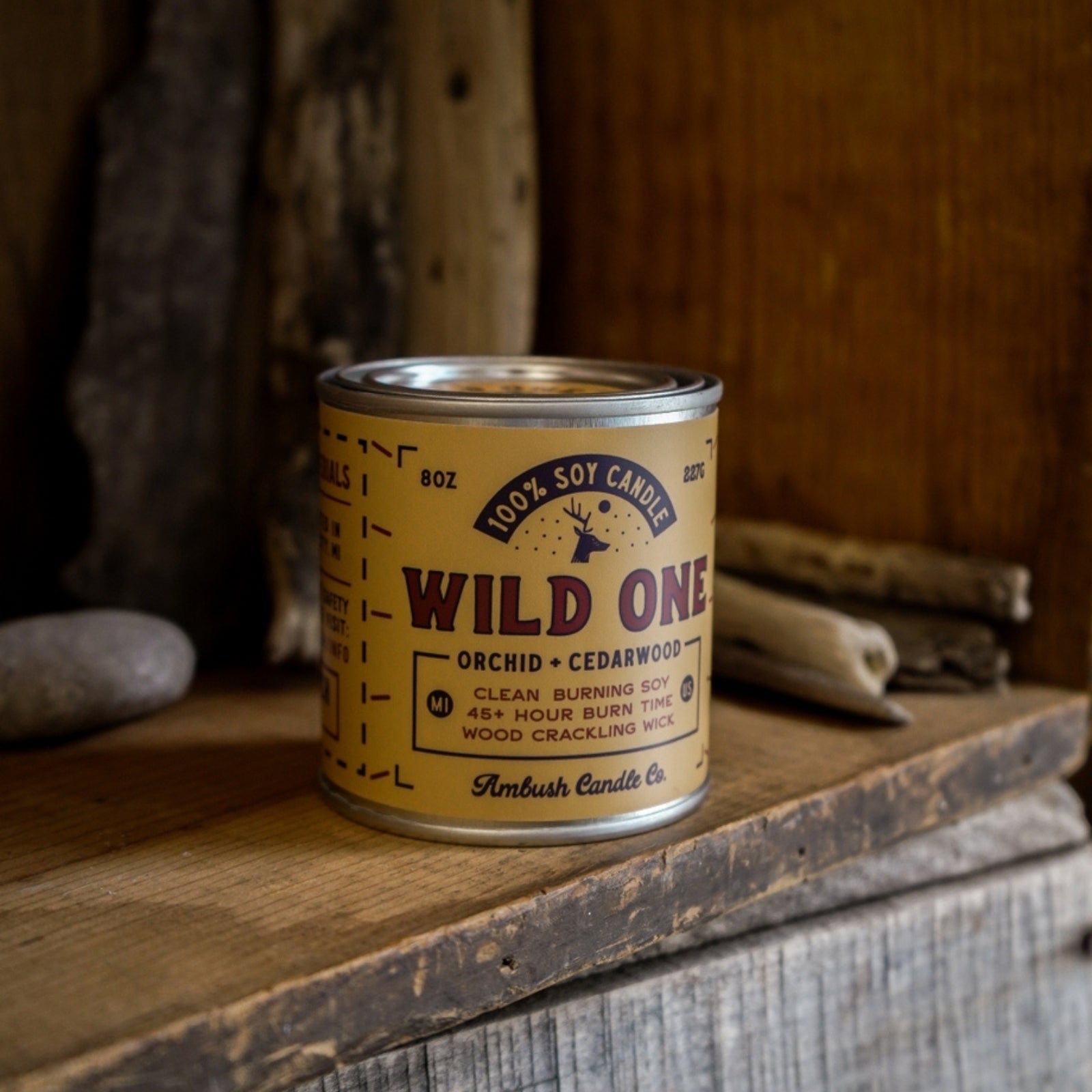 100% eco-friendly, vegan, and recyclable rugged candle with citrus, floral, musk and wood scents, featuring sustainable packaging.