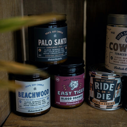 100% eco-friendly, vegan, and recyclable rugged candle with earth, embers and clove scents, featuring sustainable packaging.