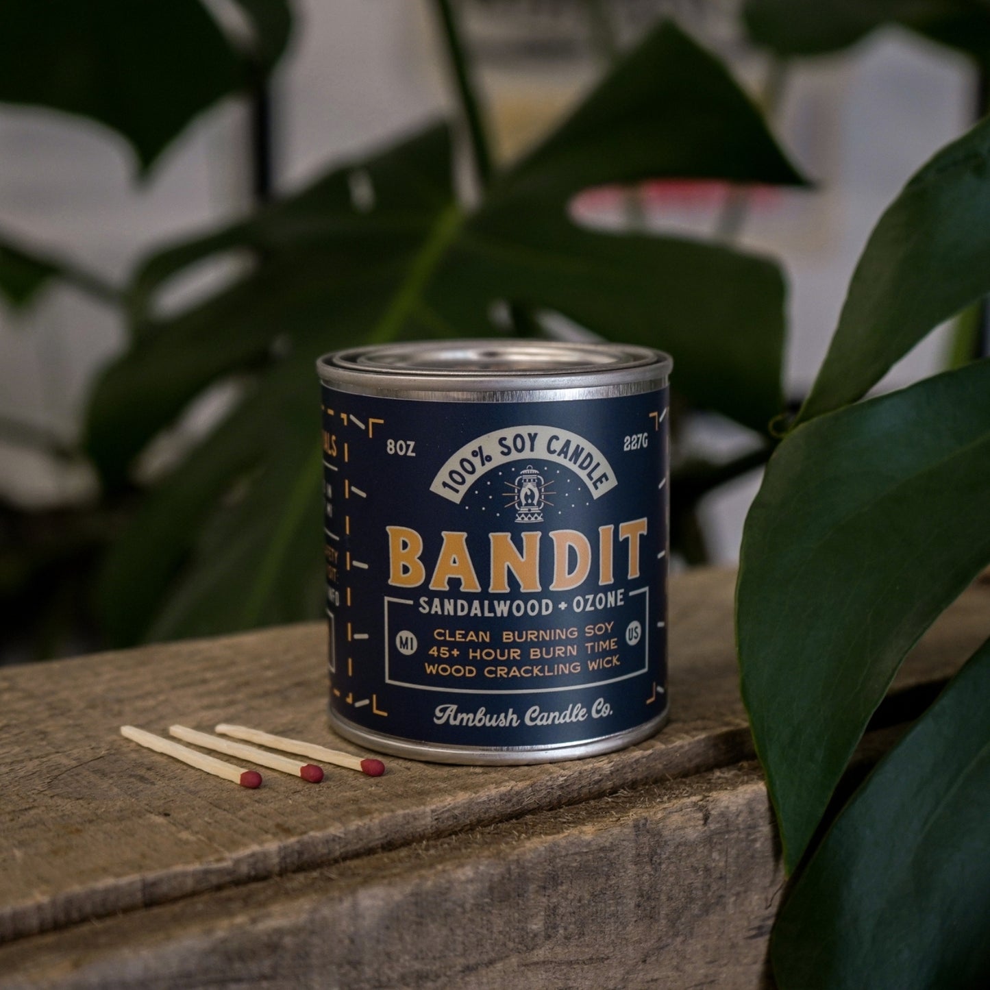 100% eco-friendly, vegan, and recyclable rugged candle with a sandalwood, ozone, and leather scent, featuring sustainable packaging.