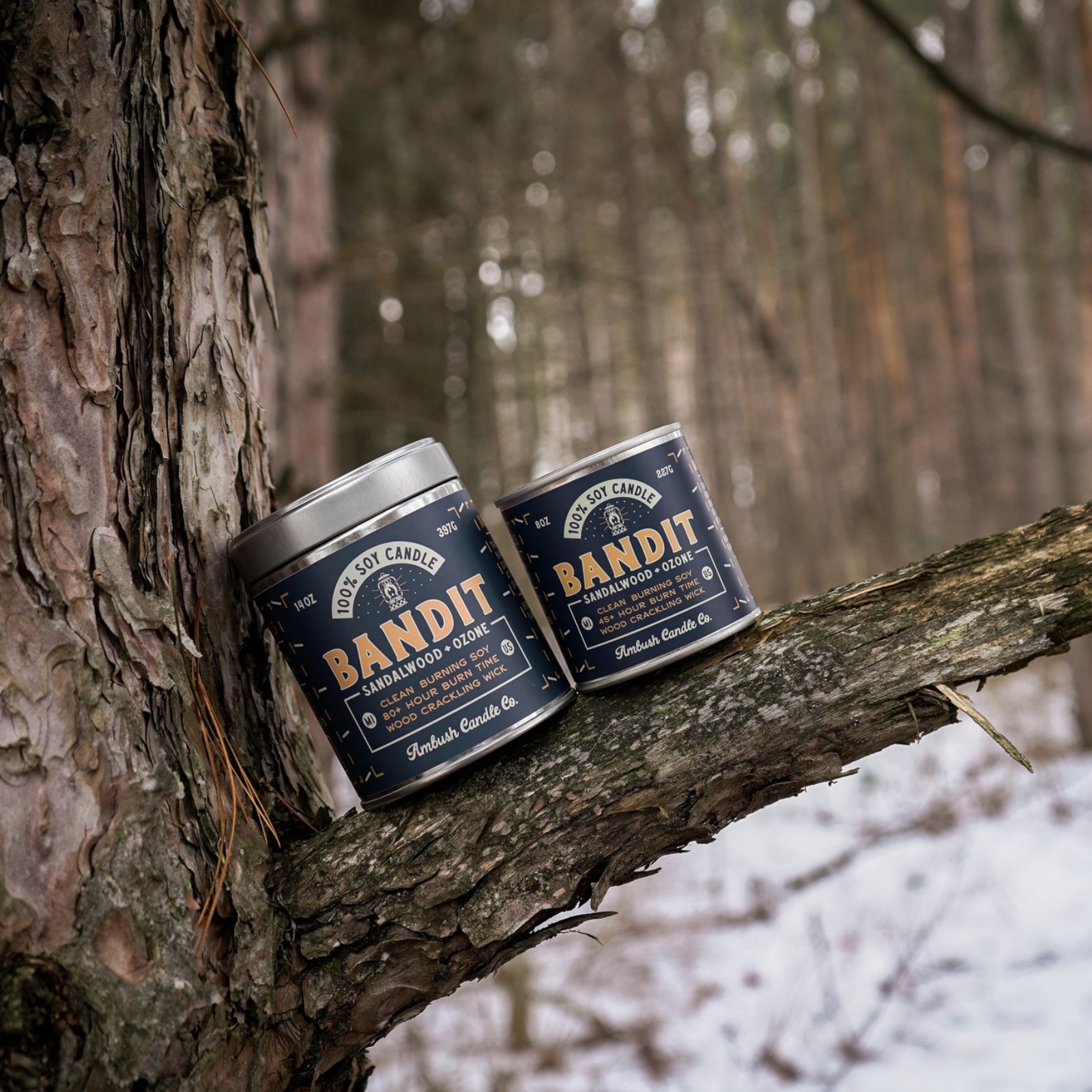 100% eco-friendly, vegan, and recyclable rugged candle with a sandalwood, ozone, and leather scent, featuring sustainable packaging.