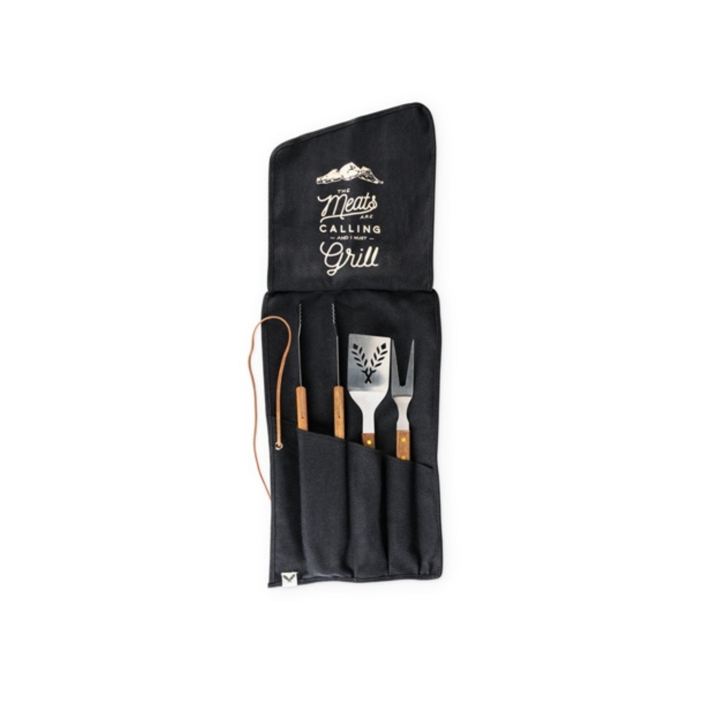 Grilling tool set for camping, featuring tongs, spatula, & fork.