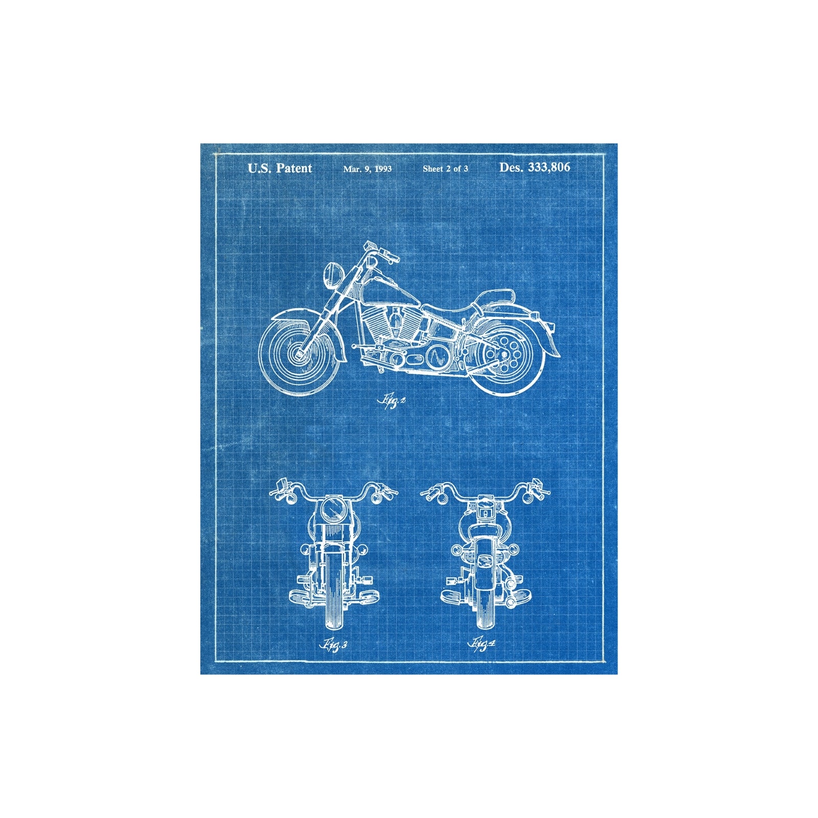 Original 1993 patent artwork for a Harley Davidson motorcycle, featuring detailed design and mechanical drawings.