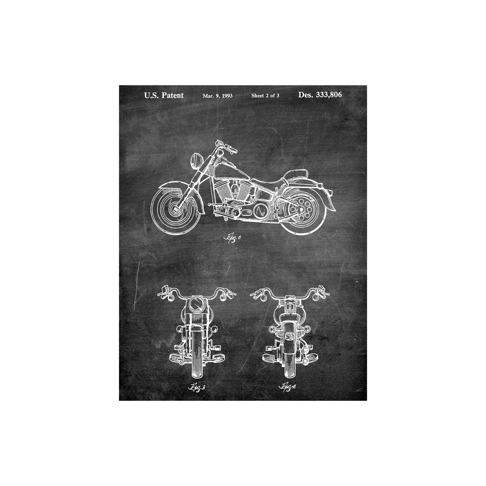 Original 1993 patent artwork for a Harley Davidson motorcycle, featuring detailed design and mechanical drawings.