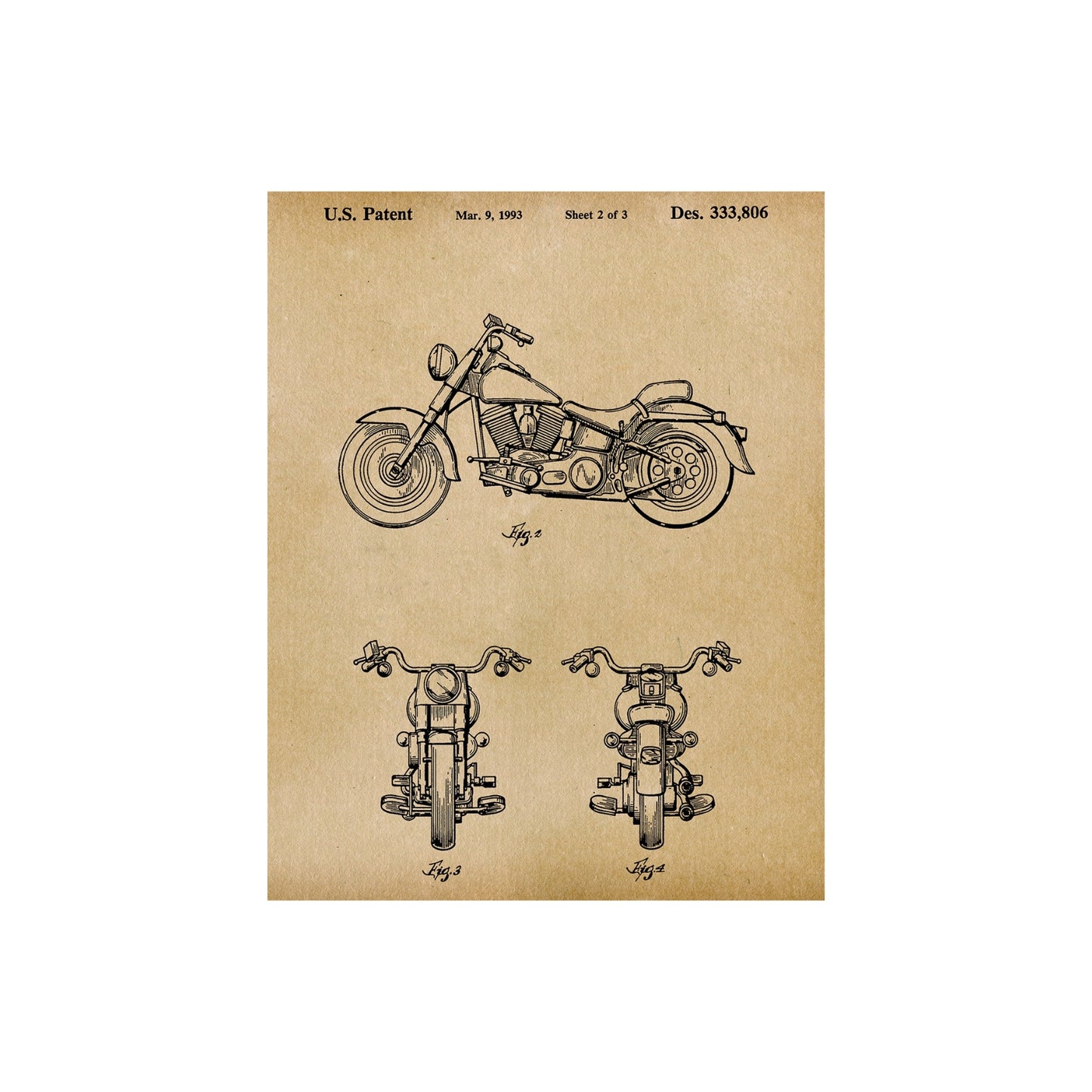 Original 1993 patent artwork for a Harley Davidson motorcycle, featuring detailed design and mechanical drawings.