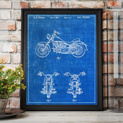 Original 1993 patent artwork for a Harley Davidson motorcycle, featuring detailed design and mechanical drawings.