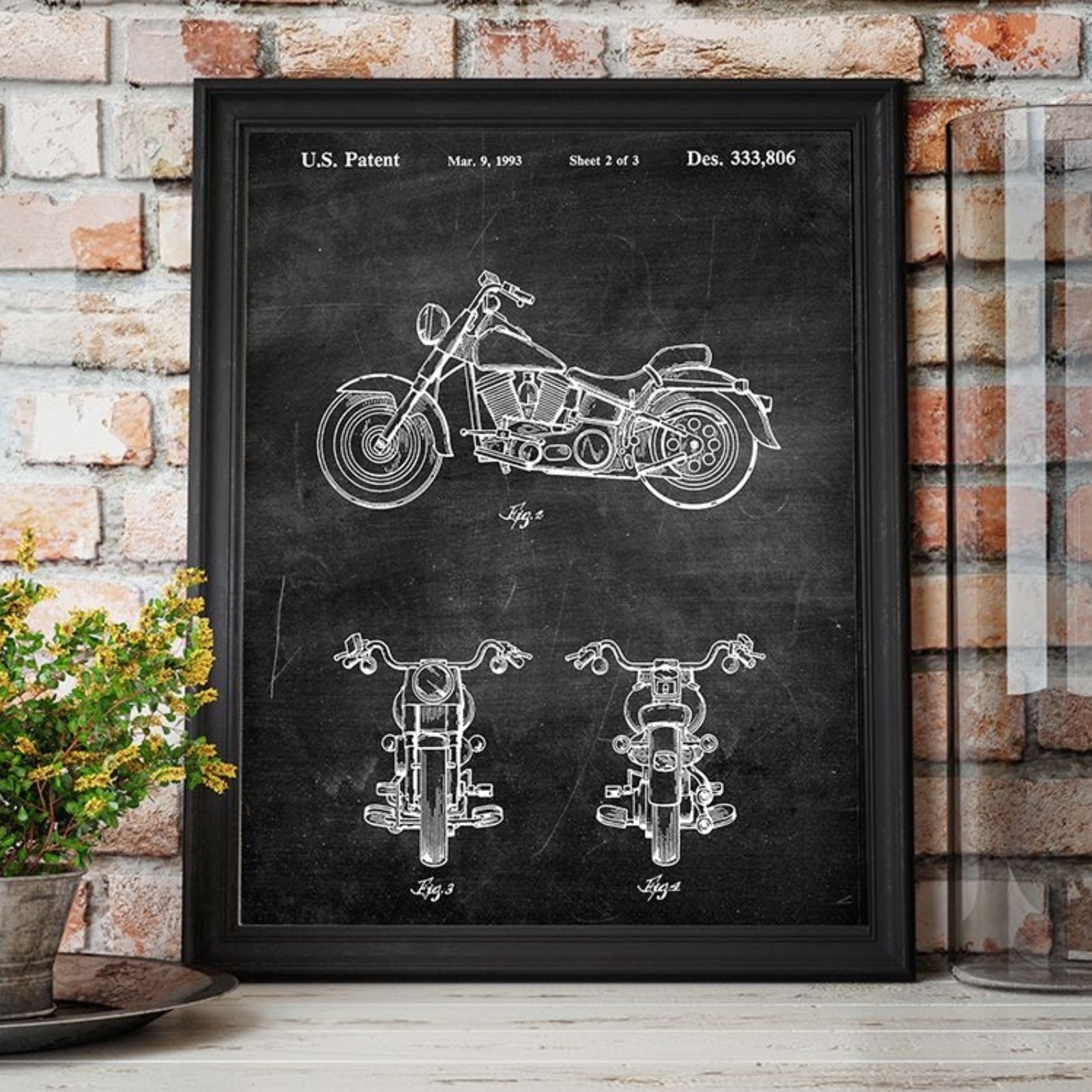 Original 1993 patent artwork for a Harley Davidson motorcycle, featuring detailed design and mechanical drawings.
