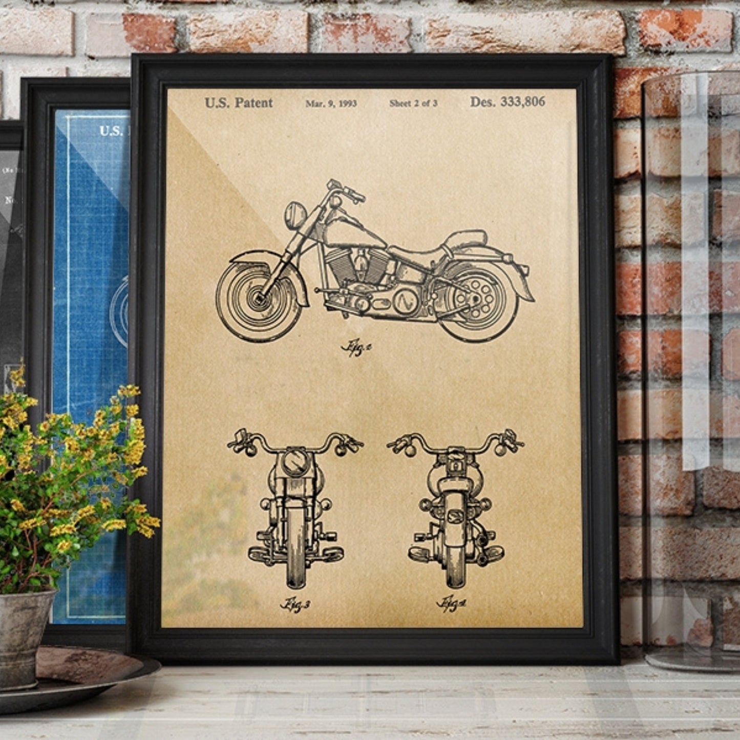 Original 1993 patent artwork for a Harley Davidson motorcycle, featuring detailed design and mechanical drawings.