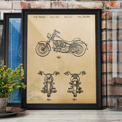 Original 1993 patent artwork for a Harley Davidson motorcycle, featuring detailed design and mechanical drawings.