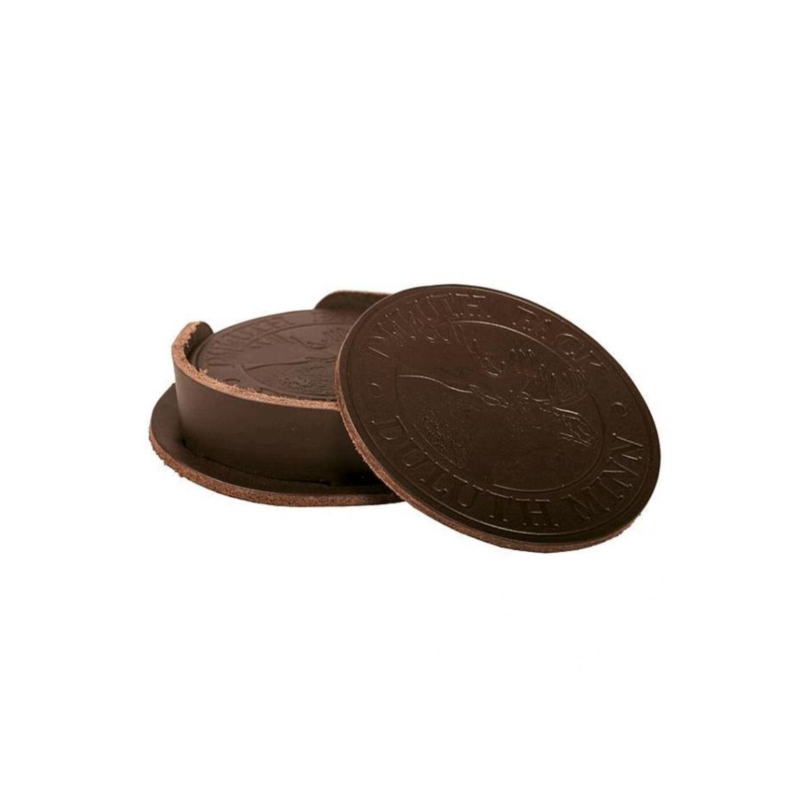 Durable leather coaster with smooth finish, perfect for protecting surfaces and adding a stylish touch to home or office decor.