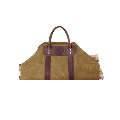 Durable log carrier made of heavy-duty fabric, designed for easily transporting firewood with sturdy handles for added convenience.