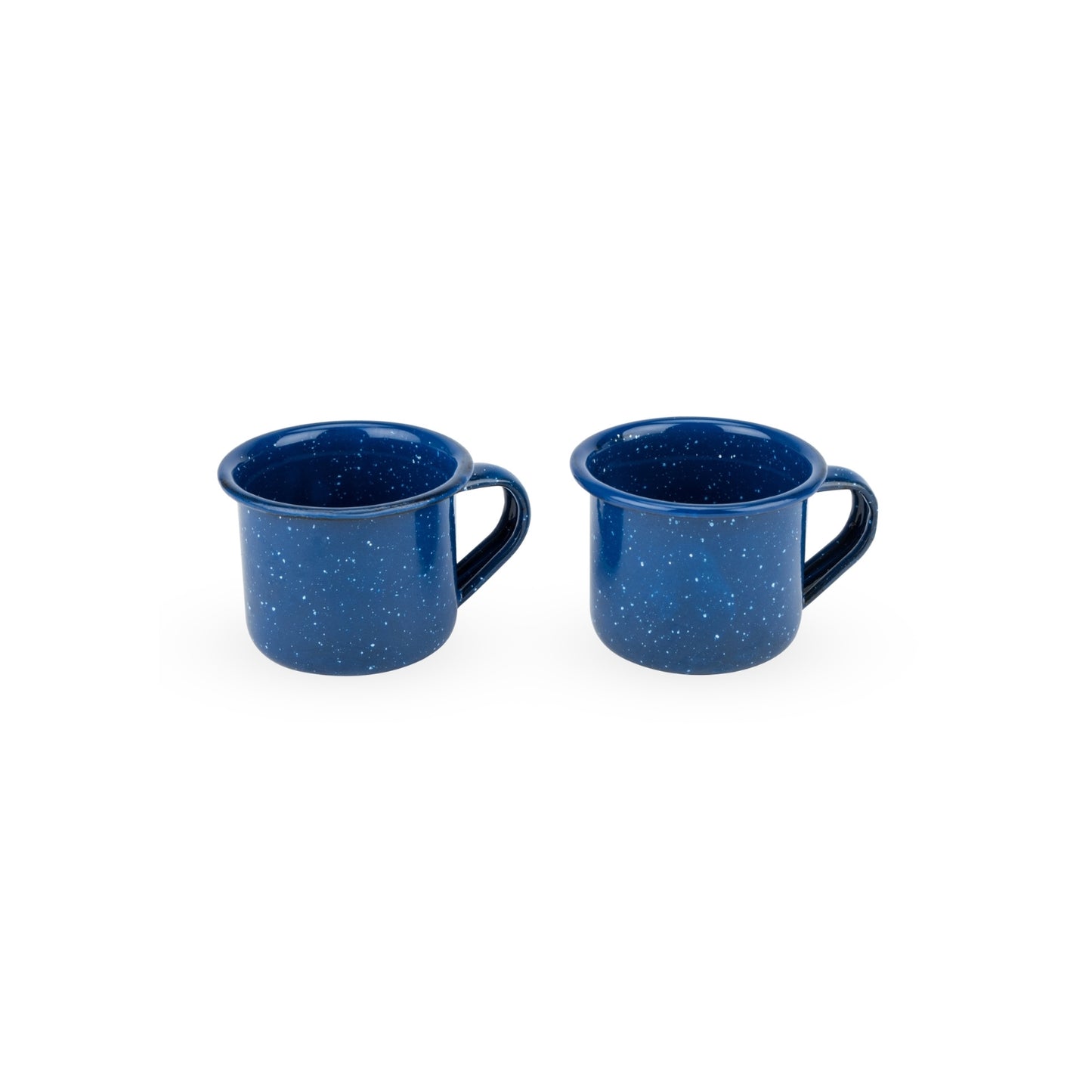 Two rugged mini shot glasses made from durable blue enamel, perfect for outdoor adventures and stylish drink servings.