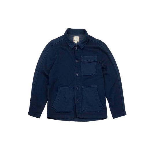 Navy blue button-down jacket with three pockets, casual outerwear for men.