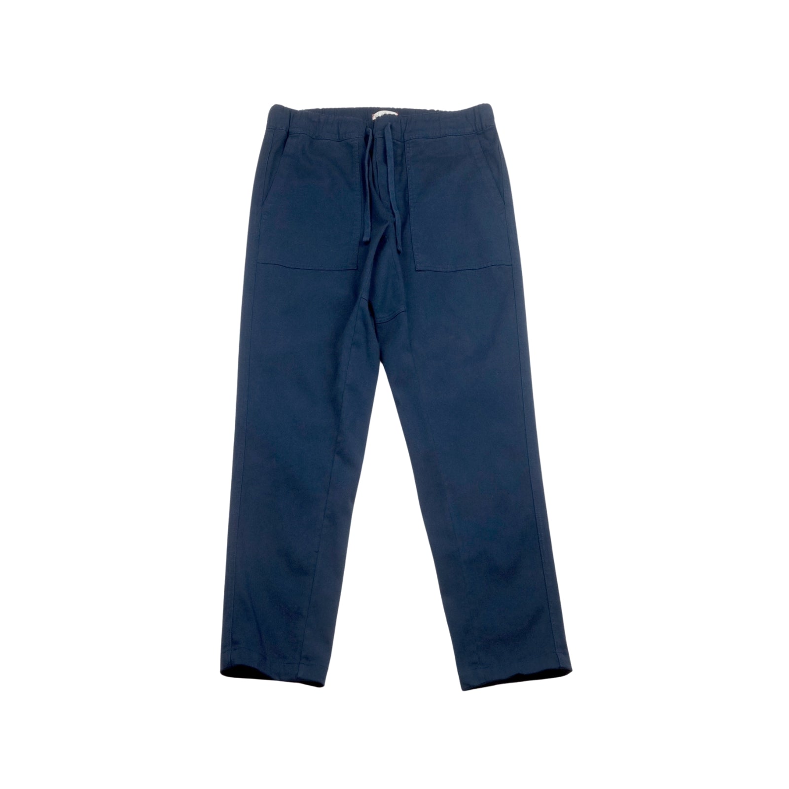 Men's navy pants with multiple pockets and a relaxed fit.
