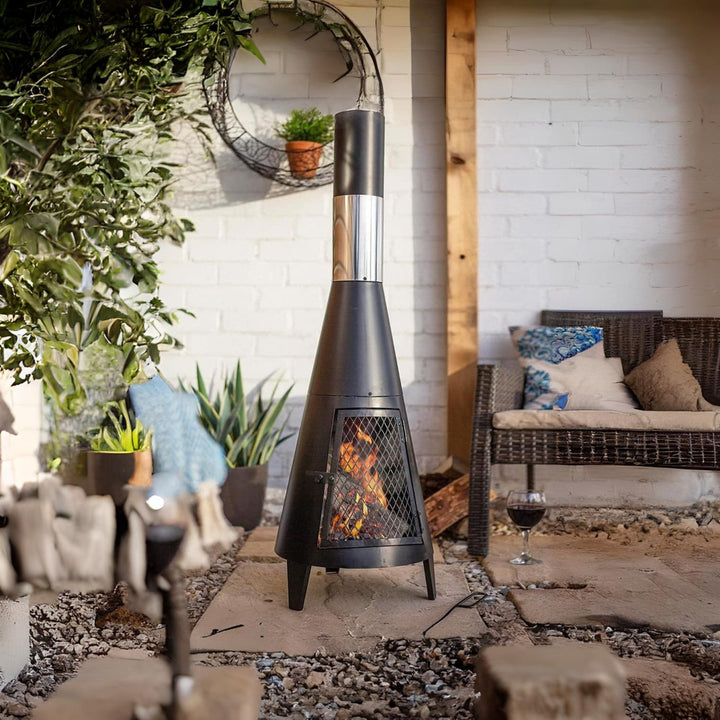 Durable outdoor chimney-style fireplace made from iron, designed for warmth and ambiance in outdoor spaces, featuring rustic metal craftsmanship