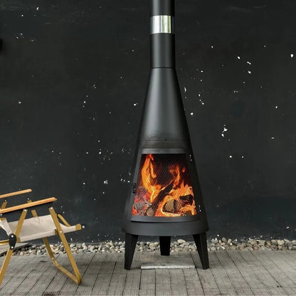 Durable outdoor chimney-style fireplace made from iron, designed for warmth and ambiance in outdoor spaces, featuring rustic metal craftsmanship