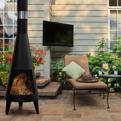 Durable outdoor chimney-style fireplace made from iron, designed for warmth and ambiance in outdoor spaces, featuring rustic metal craftsmanship