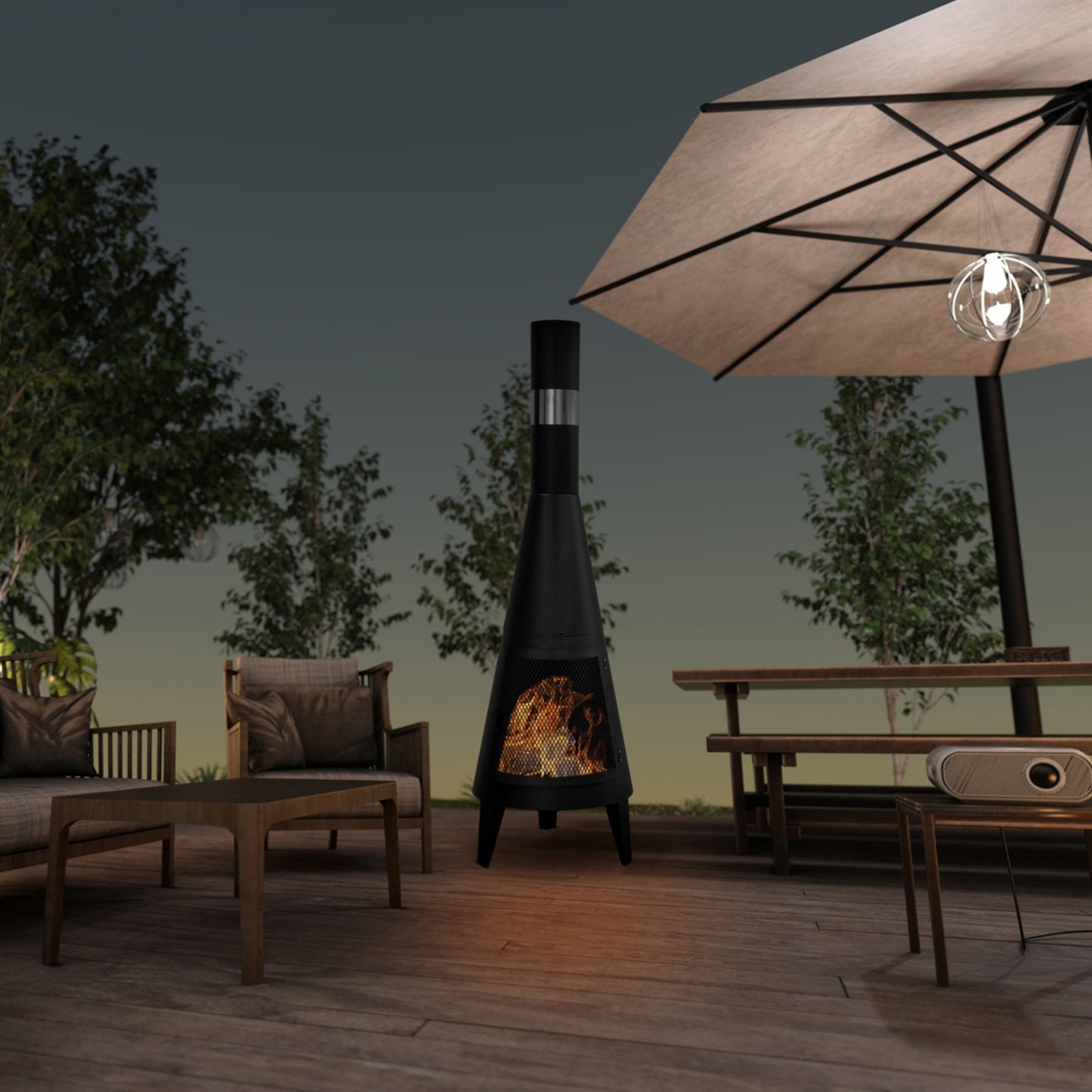 Durable outdoor chimney-style fireplace made from iron, designed for warmth and ambiance in outdoor spaces, featuring rustic metal craftsmanship
