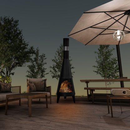 Durable outdoor chimney-style fireplace made from iron, designed for warmth and ambiance in outdoor spaces, featuring rustic metal craftsmanship