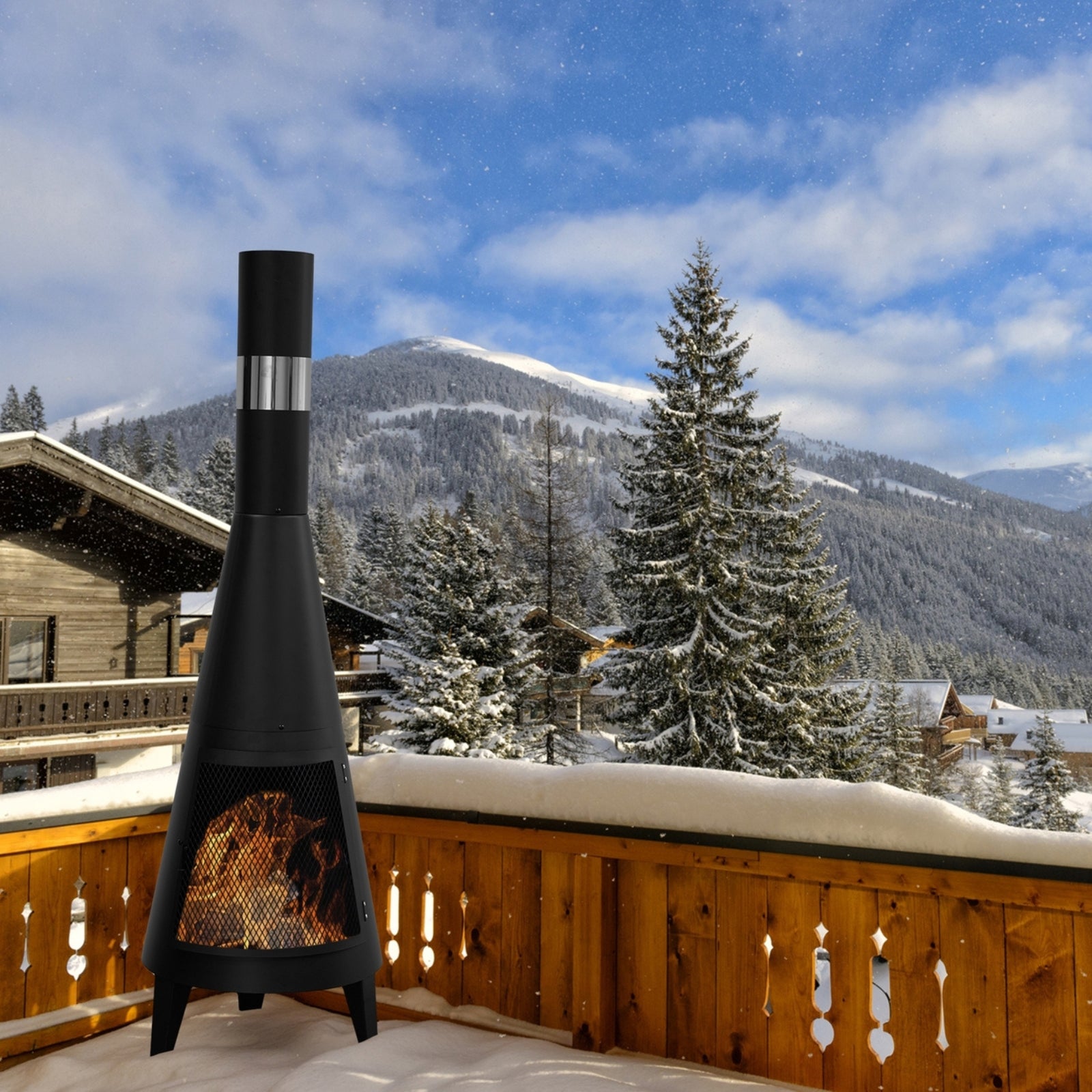 Durable outdoor chimney-style fireplace made from iron, designed for warmth and ambiance in outdoor spaces, featuring rustic metal craftsmanship