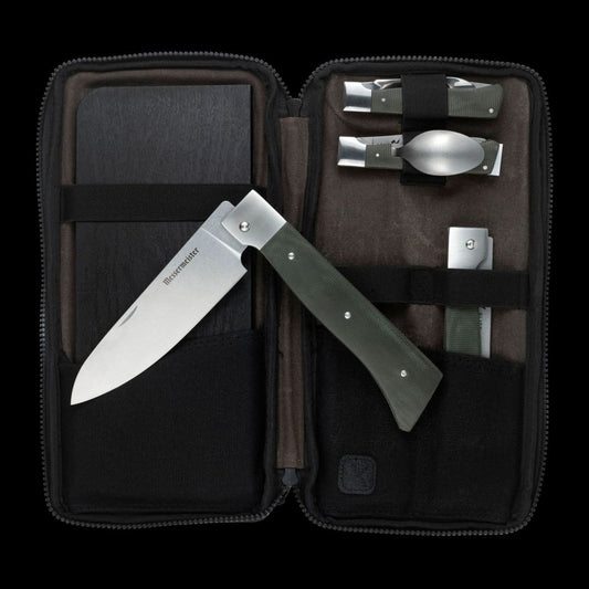 6-piece camping kitchen set, including pots, pans, and utensils, neatly arranged on a surface, designed for outdoor cooking.