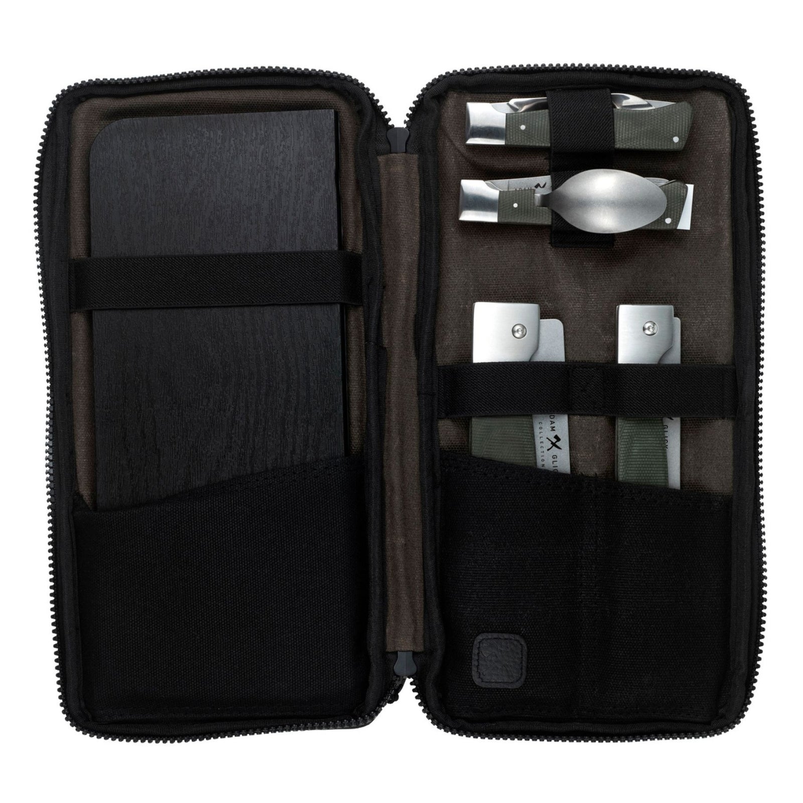 6-piece camping kitchen set, including pots, pans, and utensils, neatly arranged on a surface, designed for outdoor cooking