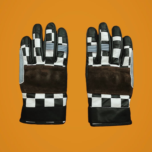 Retro checkered flag camouflage motorcycle gloves with bold design, perfect for riders seeking style and performance.