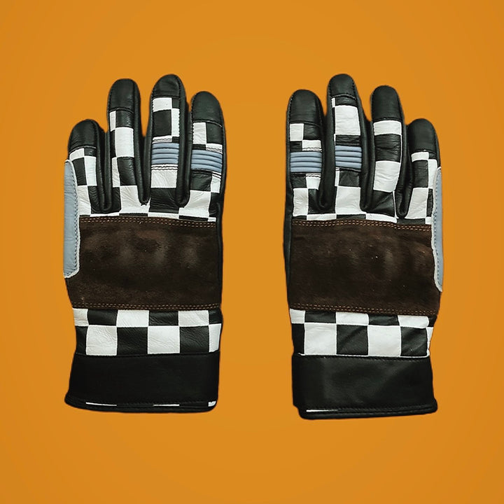 Retro checkered flag camouflage motorcycle gloves with bold design, perfect for riders seeking style and performance.
