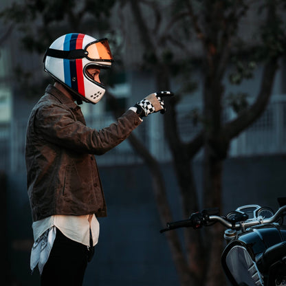 Retro checkered flag camouflage motorcycle gloves with bold design, perfect for riders seeking style and performance.