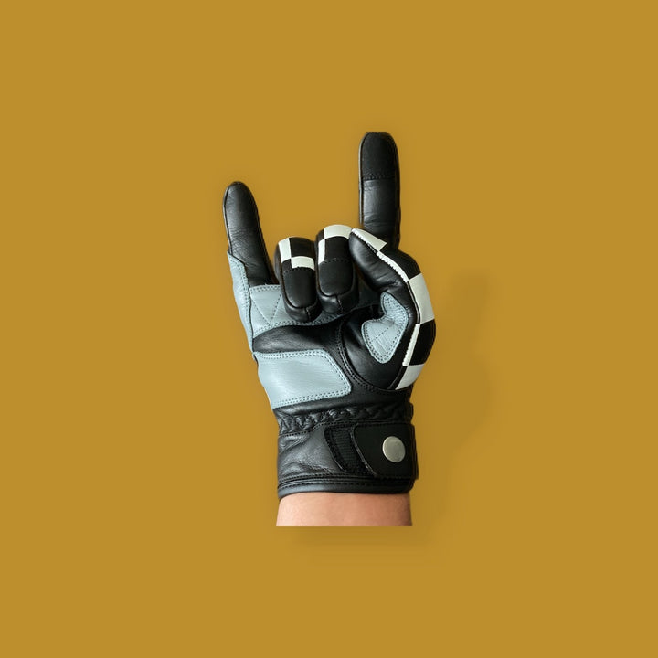 Retro checkered flag camouflage motorcycle gloves with bold design, perfect for riders seeking style and performance.