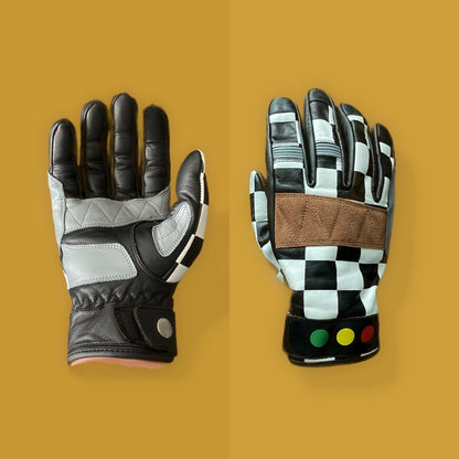 Retro checkered flag camouflage motorcycle gloves with bold design, perfect for riders seeking style and performance.