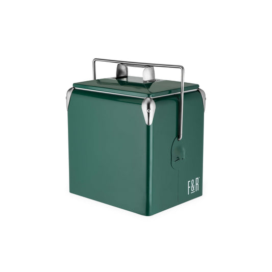 Retro-style vintage metal cooler with a classic design, featuring a sturdy handle and sleek finish, perfect for keeping drinks cool in style.