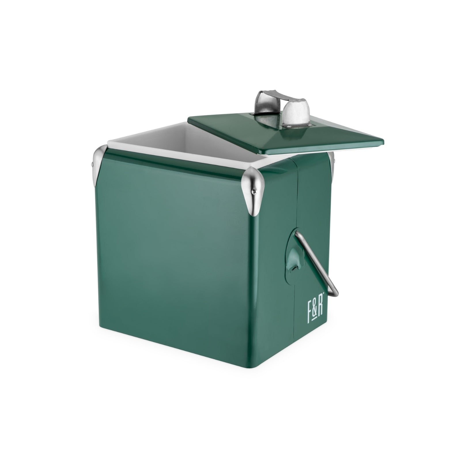 Retro-style vintage metal cooler with a classic design, featuring a sturdy handle and sleek finish, perfect for keeping drinks cool in style.