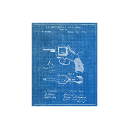 Original 1887 patent artwork for a police revolver, featuring detailed design and mechanism drawings.