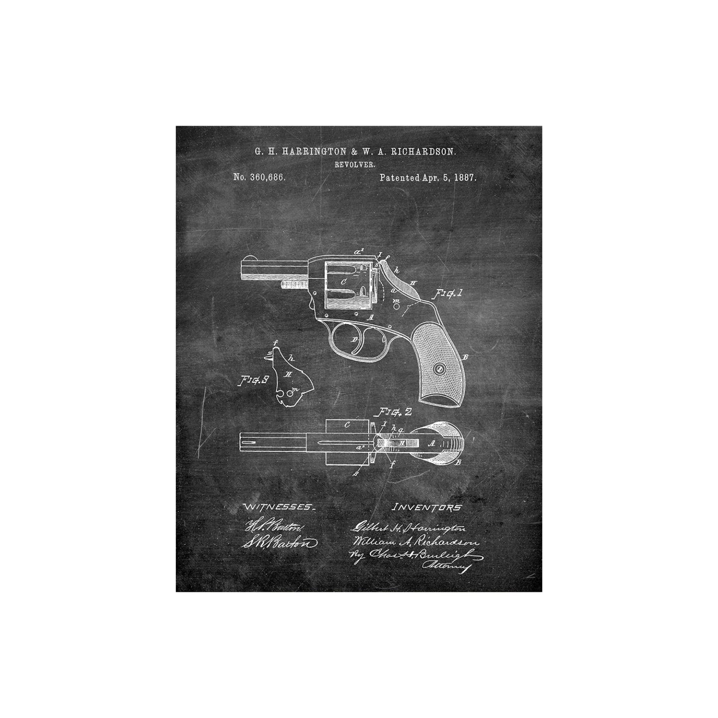 Original 1887 patent artwork for a police revolver, featuring detailed design and mechanism drawings.