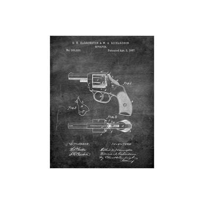 Original 1887 patent artwork for a police revolver, featuring detailed design and mechanism drawings.