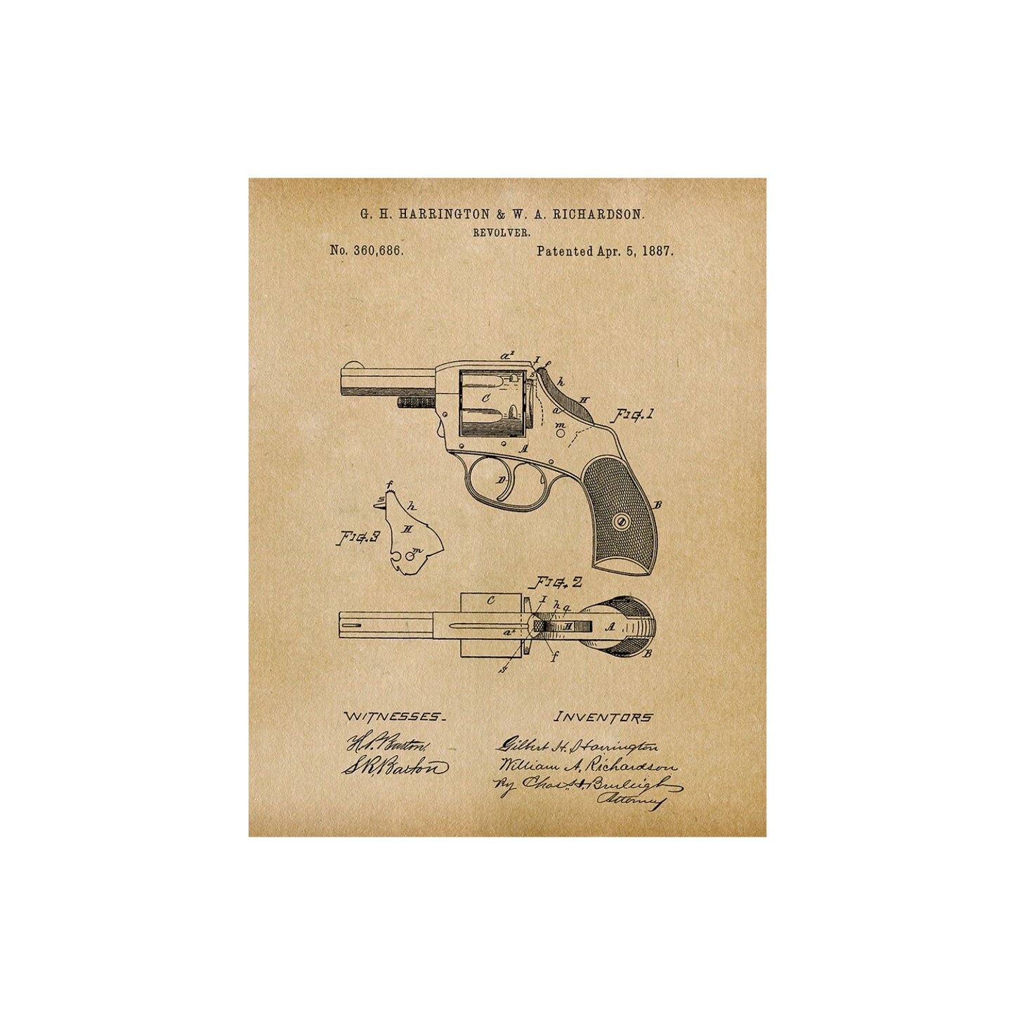 Original 1887 patent artwork for a police revolver, featuring detailed design and mechanism drawings.