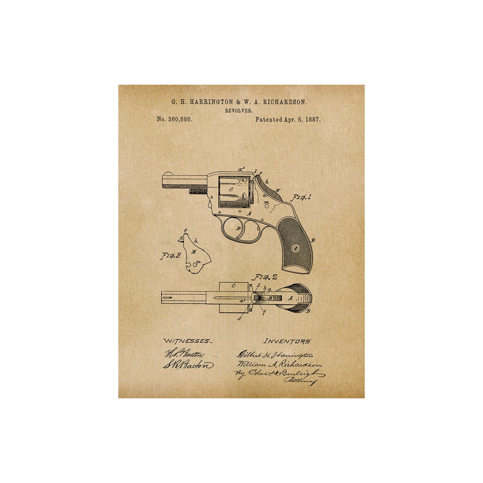 Original 1887 patent artwork for a police revolver, featuring detailed design and mechanism drawings.