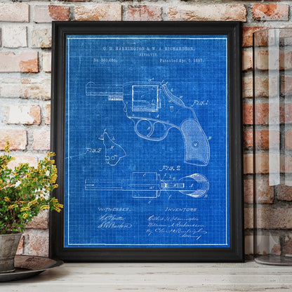 Original 1887 patent artwork for a police revolver, featuring detailed design and mechanism drawings.