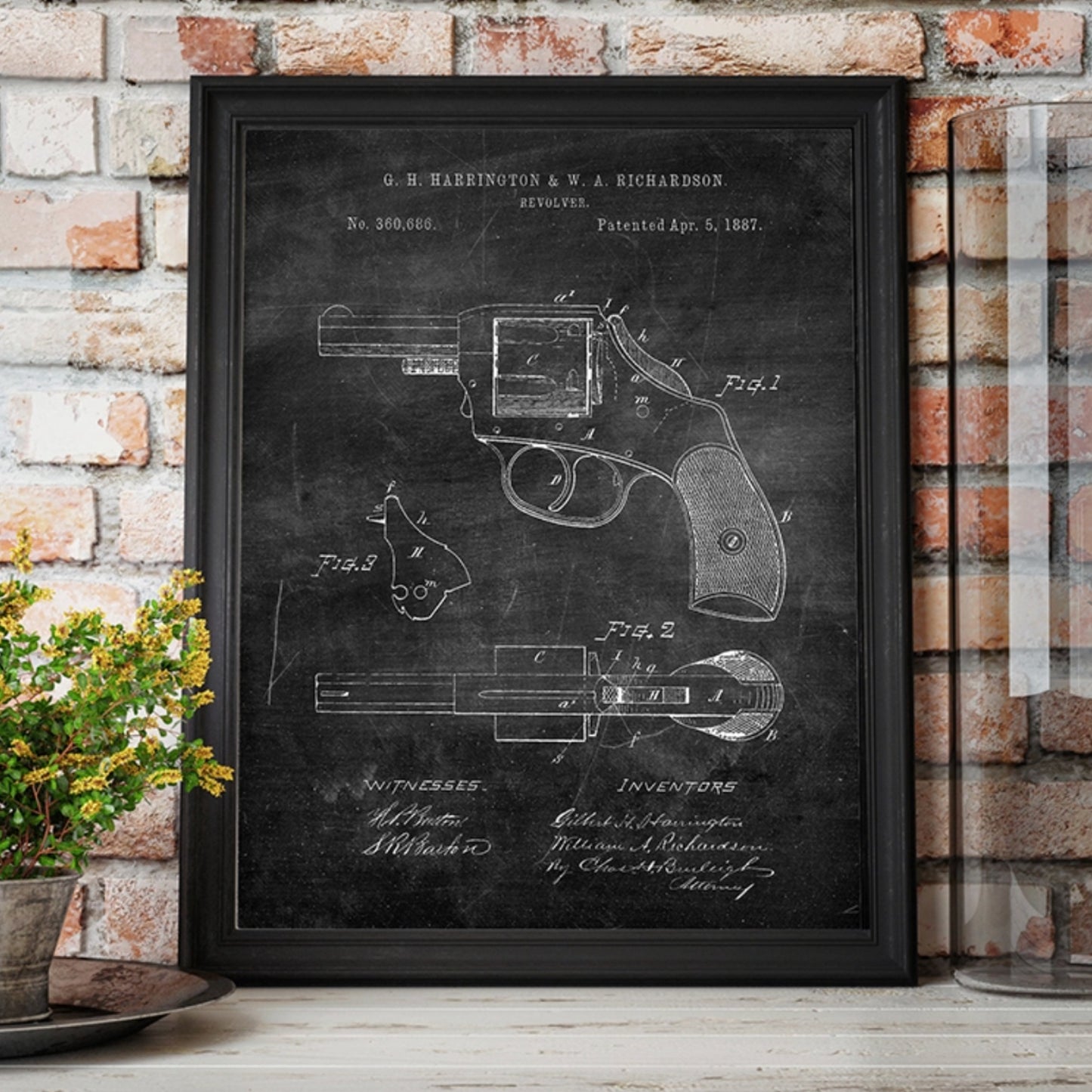 Original 1887 patent artwork for a police revolver, featuring detailed design and mechanism drawings.