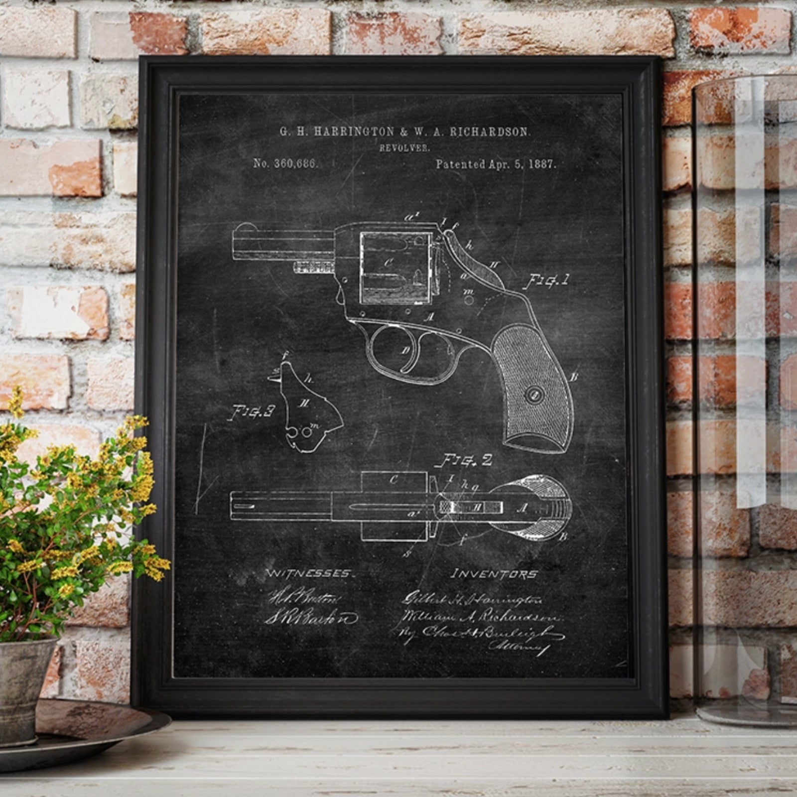 Original 1887 patent artwork for a police revolver, featuring detailed design and mechanism drawings.