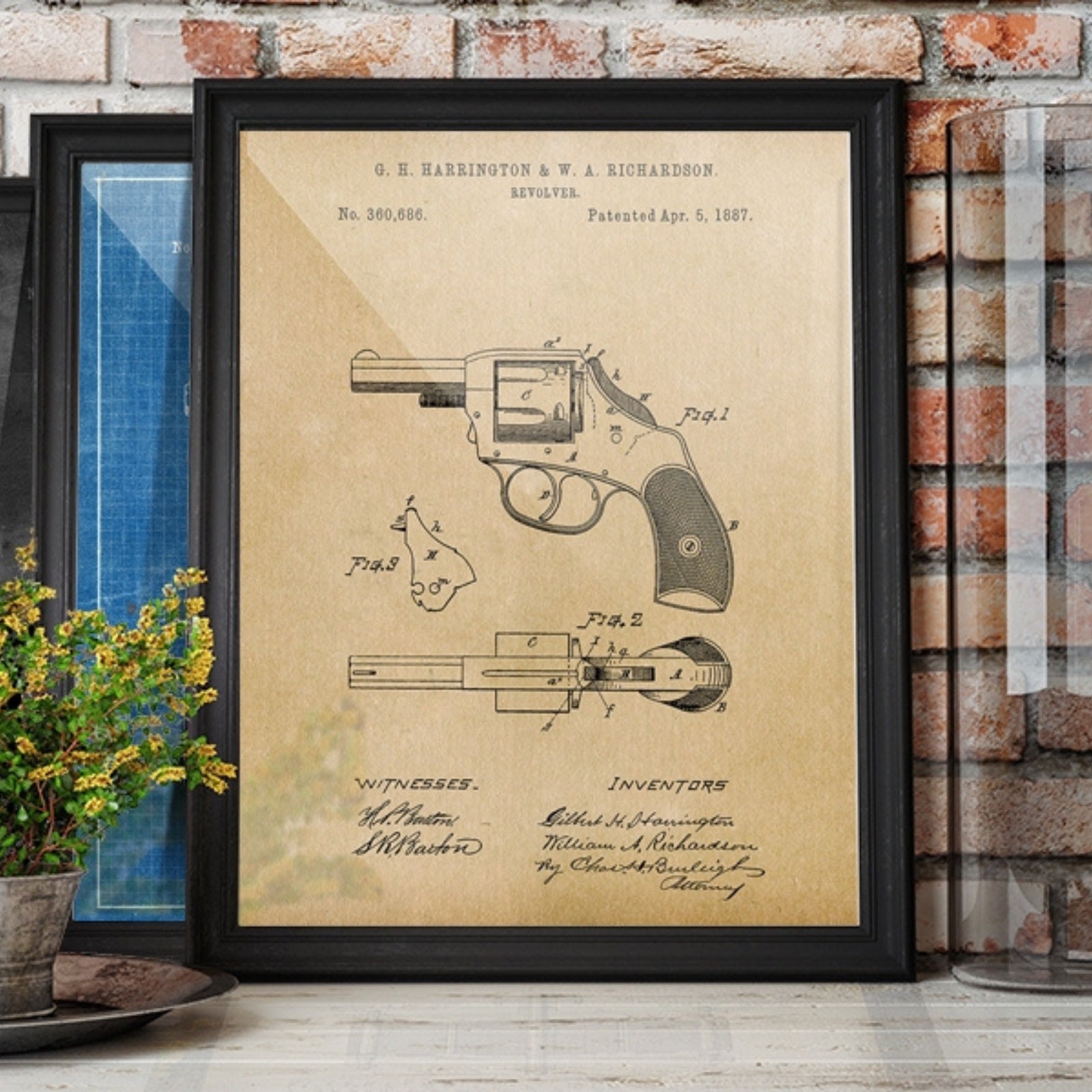 Original 1887 patent artwork for a police revolver, featuring detailed design and mechanism drawings.