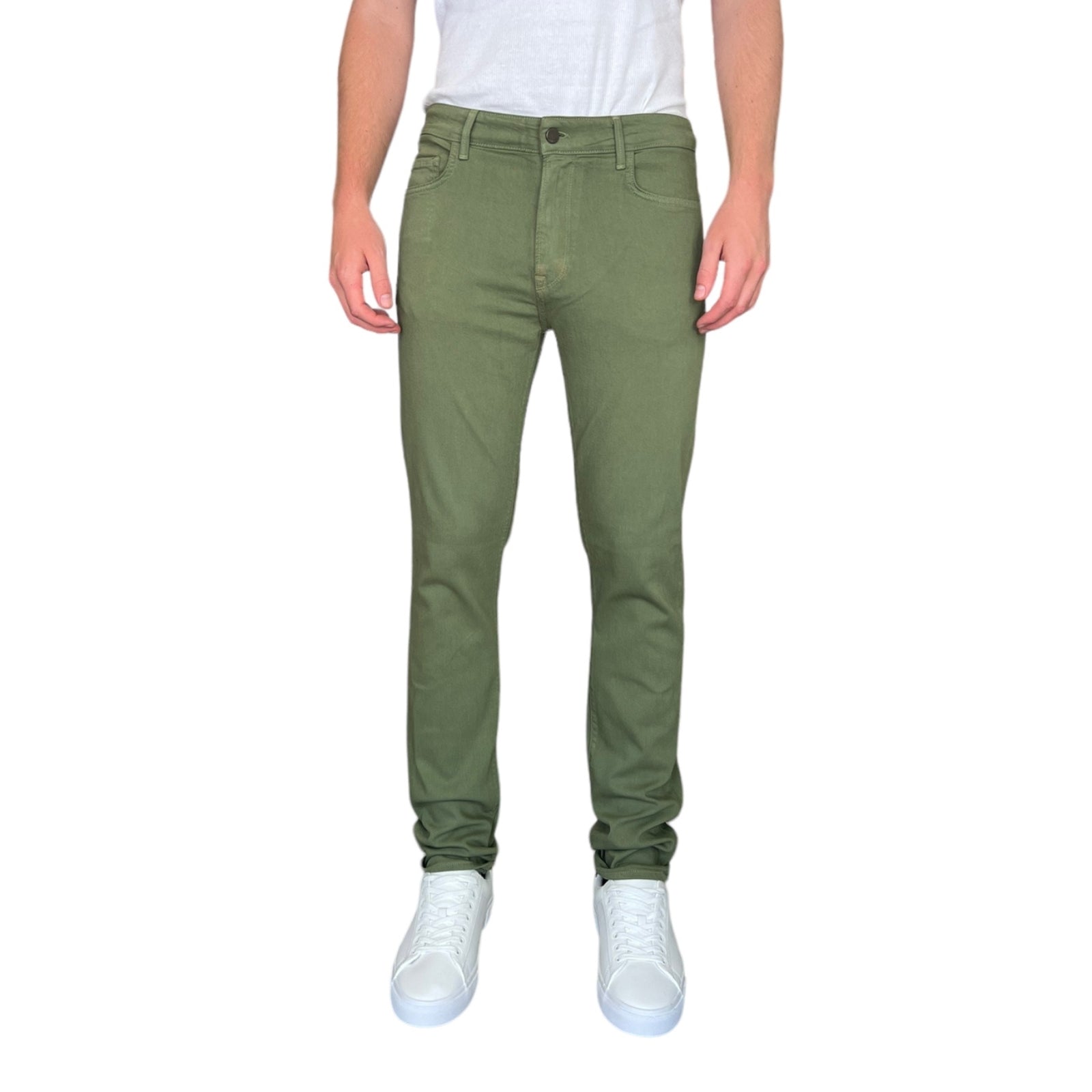 Sage colored athletic fit jeans for men. Featuring a modern slim fit, perfect for casual wear.